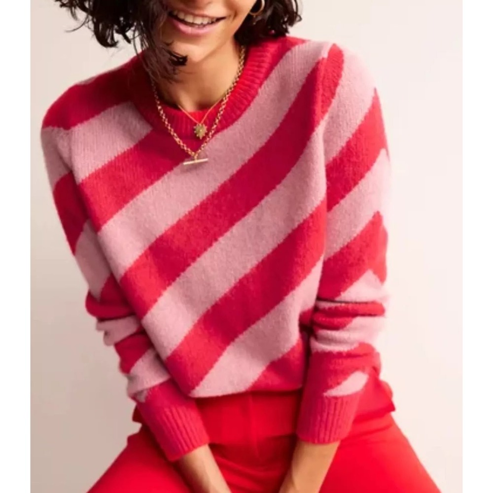 Boden Fluffy Diagonal Stripe Sweater Women XL Red Pink Pullover Cozycore Preppy